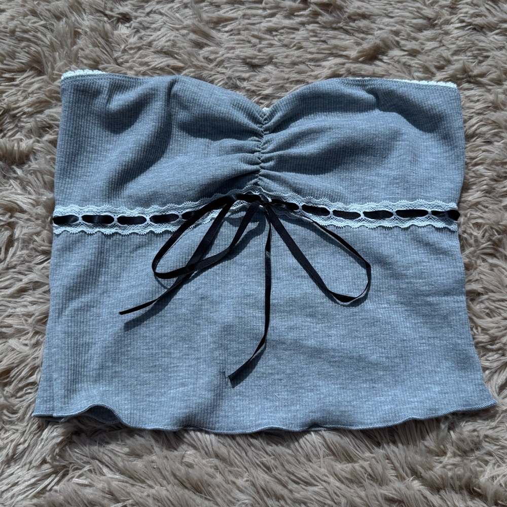 Emory Park Grey Ribbed Tube Top Lace Trim & Bow Detail, Y2K Crop Strapless Top